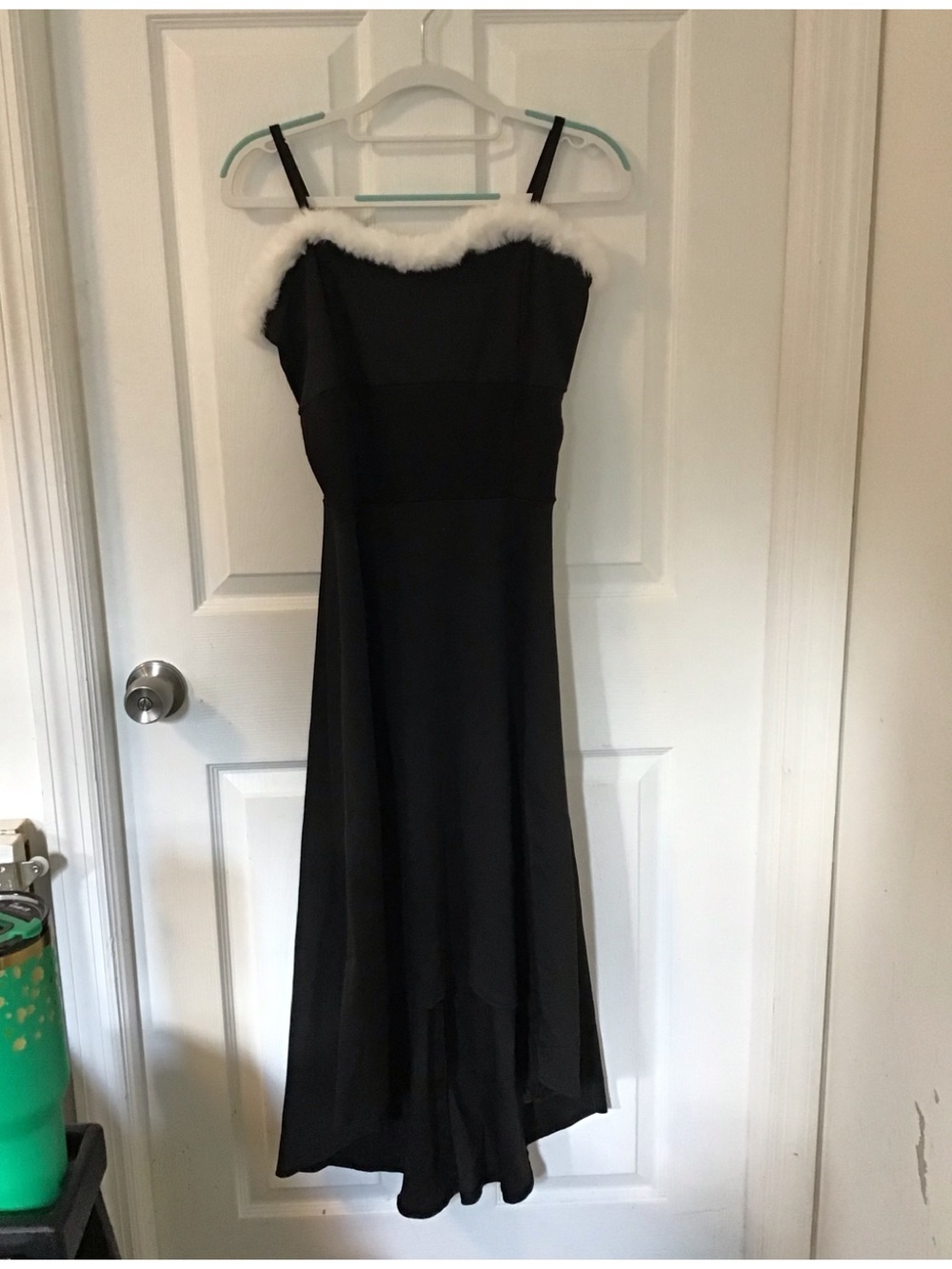 Elegant Black Strapless High-Low Dress with White Faux Fur Trim